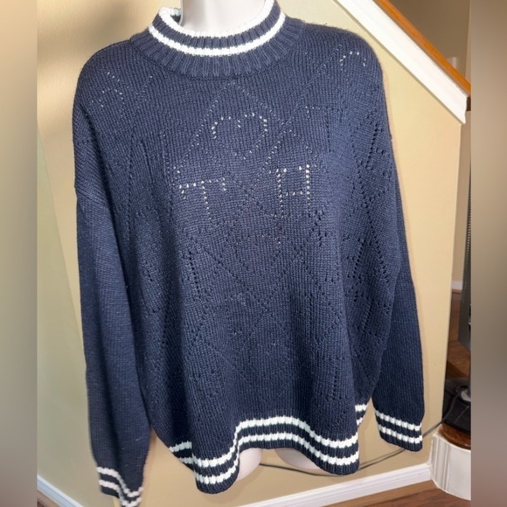 Tommy Hilfiger Preppy Navy Blue Sweater With White Stripes & T H ♥️ Heart XL